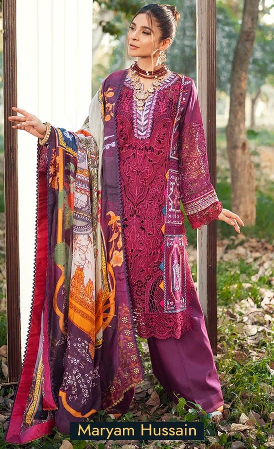 Maryam Hussain Embroidered Lawn Fuschia Dress 1