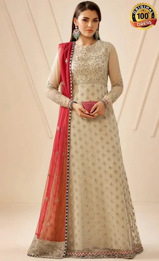 Asim Jofa White Anarkali Salwar Suit Asim Jofa white Anarkali salwar suit with detailed embroidered net work