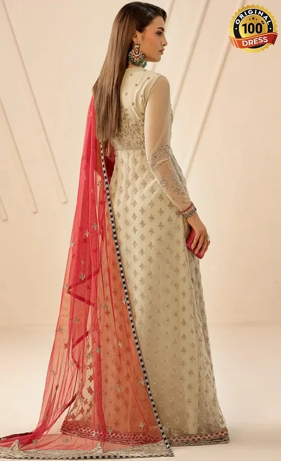 White Anarkali salwar suit for wedding guests with elegant hand embroidery