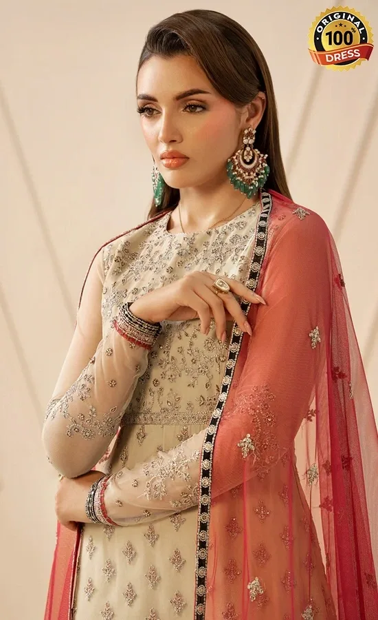 Pakistani white Anarkali salwar suit with crystal tassels and hand embroidery