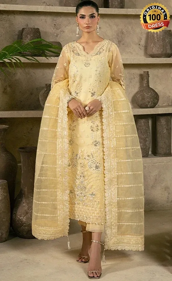 Pastel Yellow Salwar Kameez For Wedding Guests 01 Pastel yellow salwar kameez for wedding guests with elegant embroidery and organza detailing
