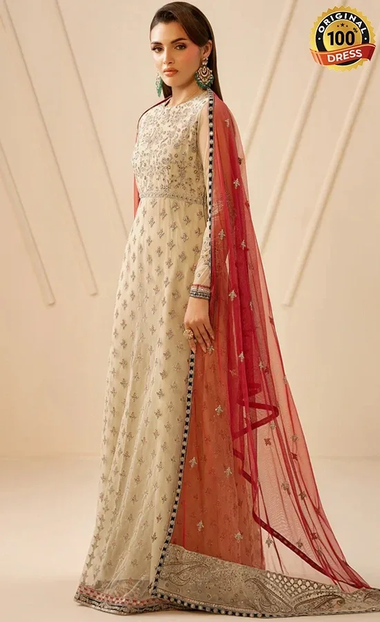 Embroidered white Anarkali dress for Pakistani wedding guests