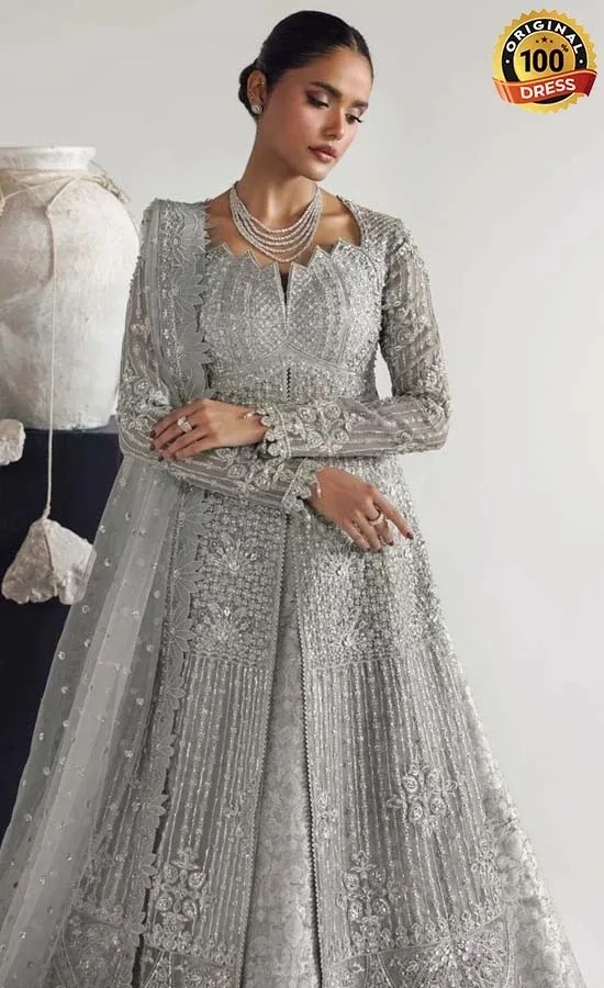 Embroidered grey maxi dress for wedding guests from Reena Wedding Edits collection
