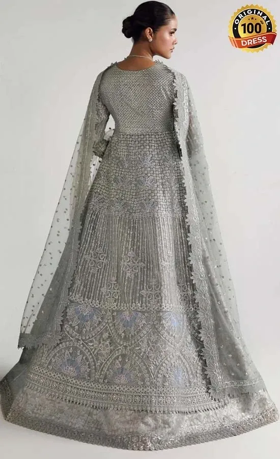 Grey maxi dress with intricate threadwork, crystal tassels and elegant embroidery