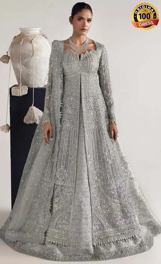 Grey Maxi Dress For Wedding Guests Pakistani grey maxi dress for wedding guests with detailed embroidery and graceful formal styling