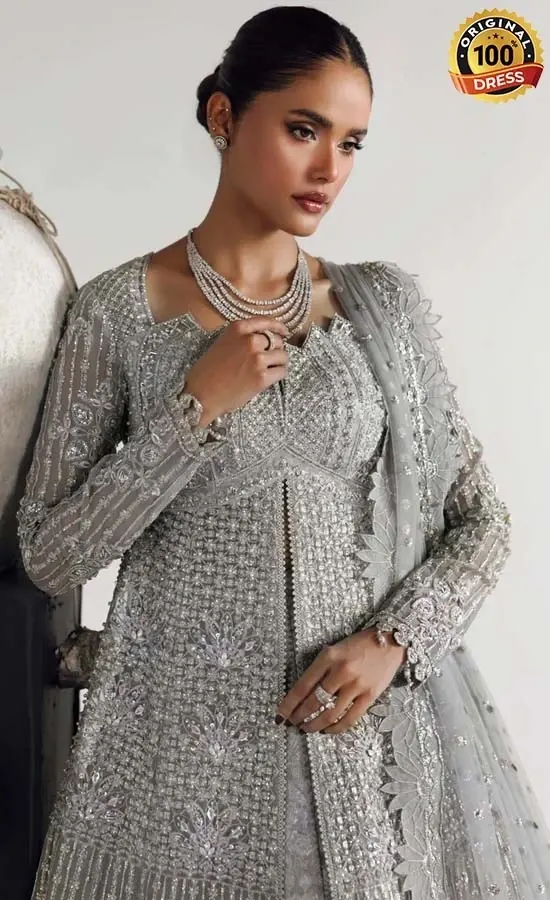 Grey maxi dress for wedding guests with elegant embroidery and sophisticated formal styling