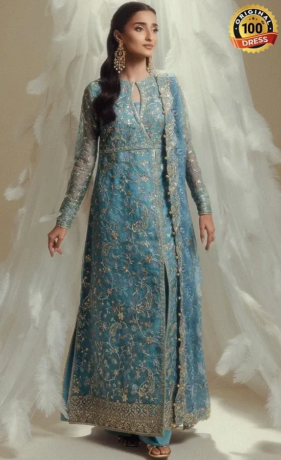 Blue Organza Anarkali Frock Blue organza Anarkali frock with intricate embroidery, embellished panels and graceful floor-length styling
