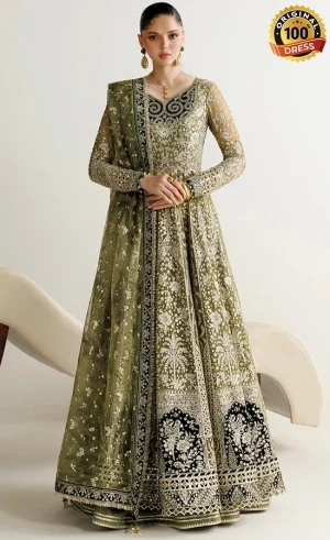Green colour lehenga choli for wedding guests with elegant hand embroidery and chiffon detailing