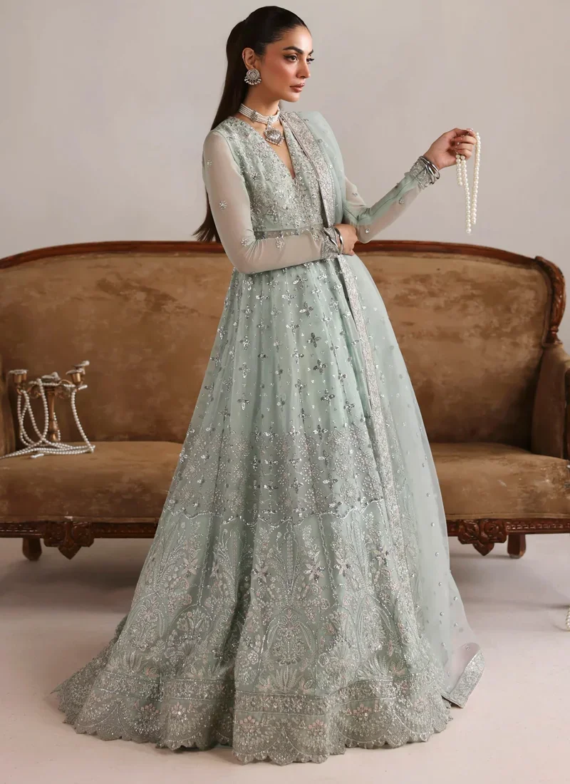 Navy blue maxi dress with samosa lace, decorative tassels and embroidered detailing
