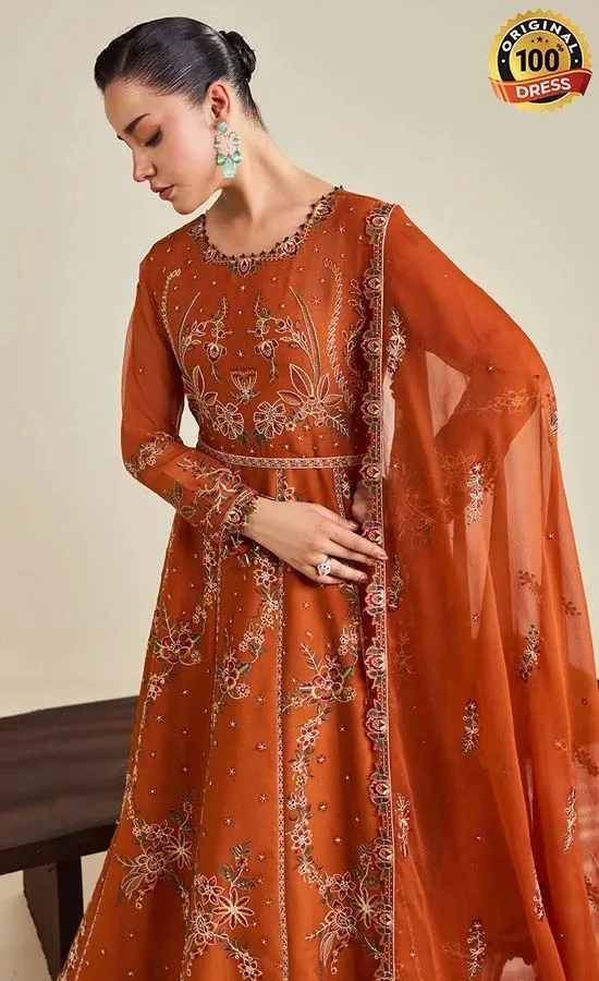 Orange chiffon Anarkali dress with hand embroidery, tassels and graceful formal styling