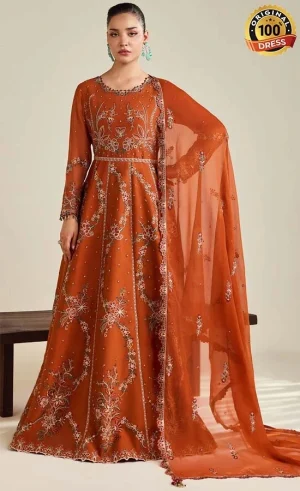 Orange colour Anarkali suit for wedding guests with elegant hand embroidery and chiffon fabric