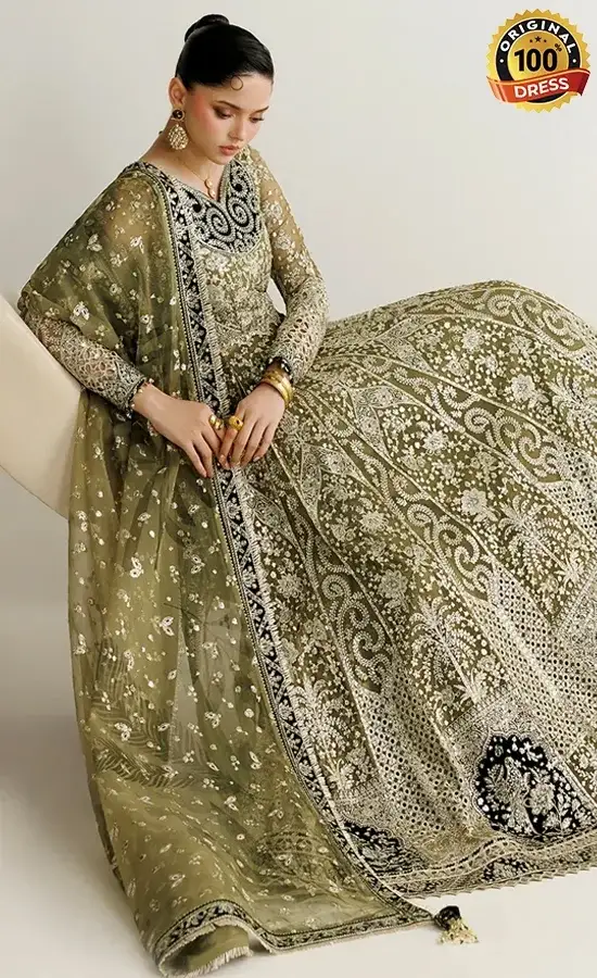 Pakistani green lehenga choli for wedding guests with embroidered chiffon and graceful formal styling