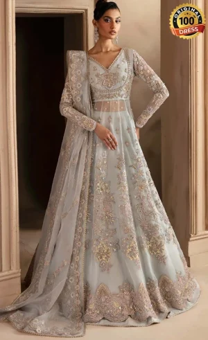 Pakistani sea blue lehenga choli for wedding guests with embroidered organza and graceful formal styling