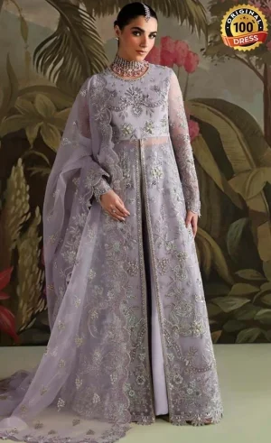 Lilac maxi dress for wedding guests with elegant hand embroidery and sequinned detailing