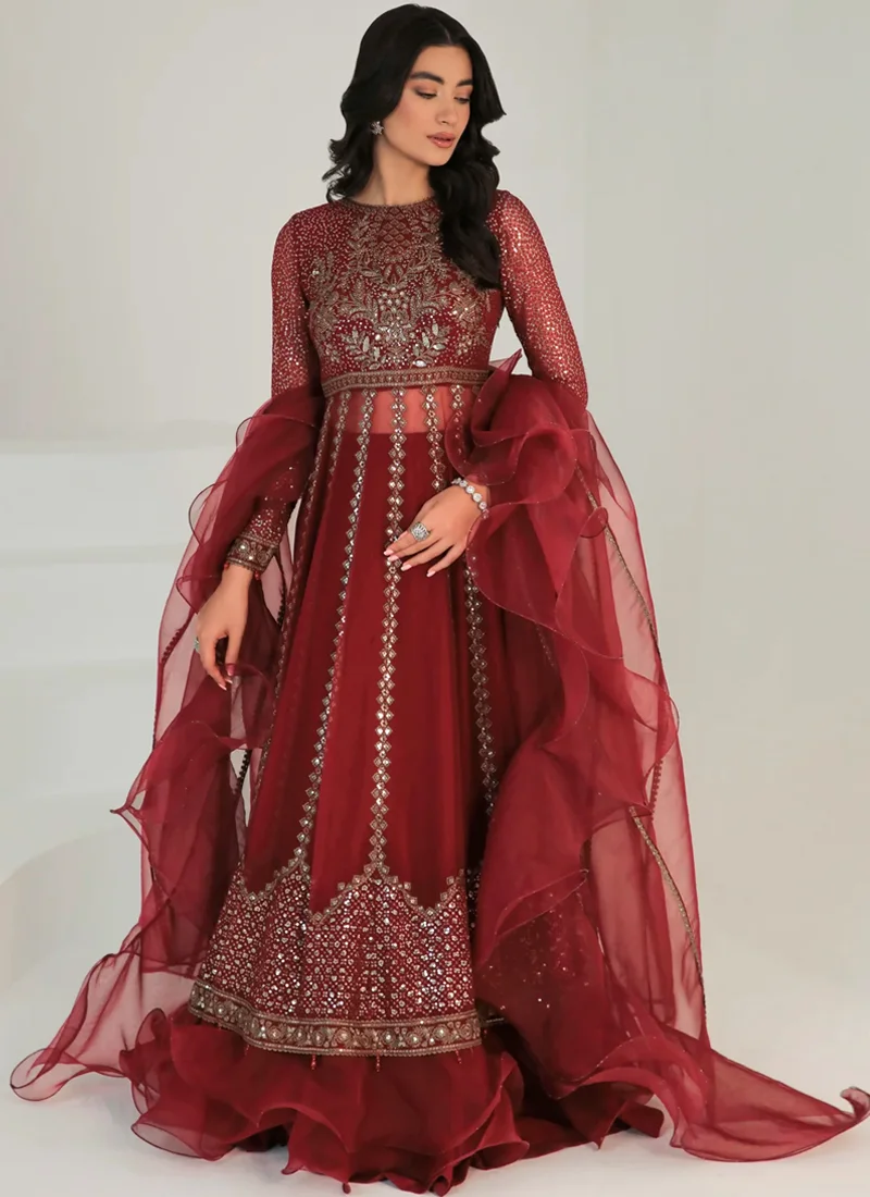 Maroon Wedding Guest Lehenga with Organza Dupatta Maroon lehenga for wedding guests with embroidered chiffon, hand embroidery and elegant tassel detailing