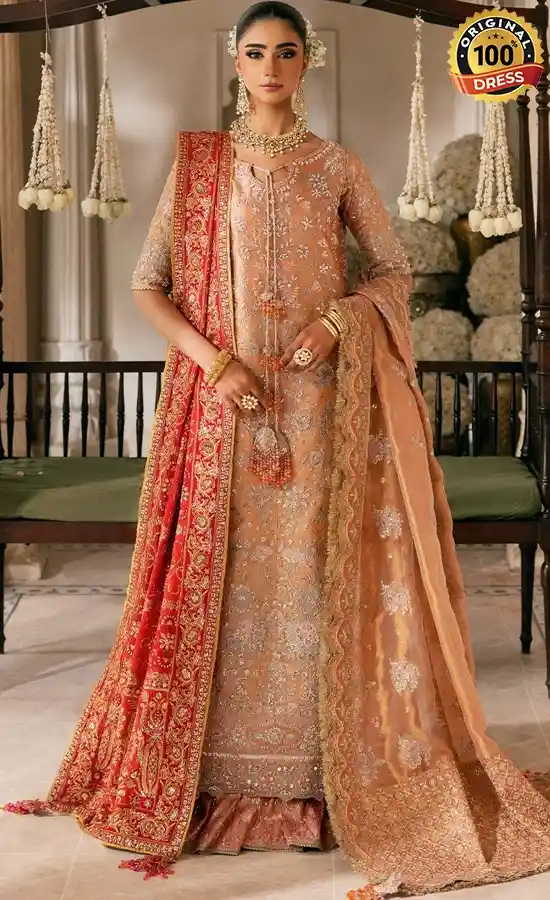 Pakistani gold maxi dress for wedding guests with embroidered tissue and luxury detailing