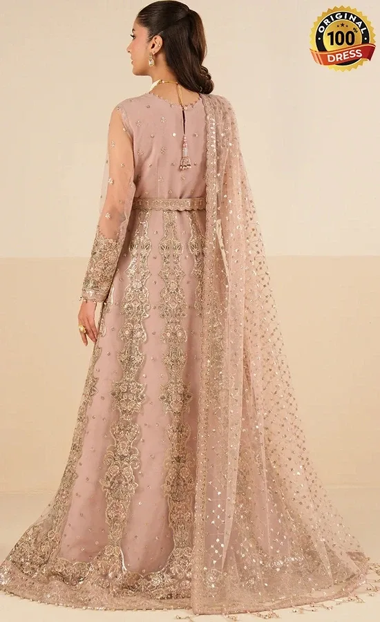 Embroidered light pink maxi dress for wedding guests from Revuse Wedding Formals