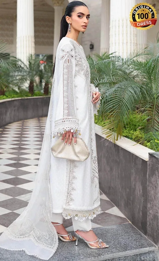 Farasha white Indian suit for wedding guests with embroidered lawn and pearl detailing