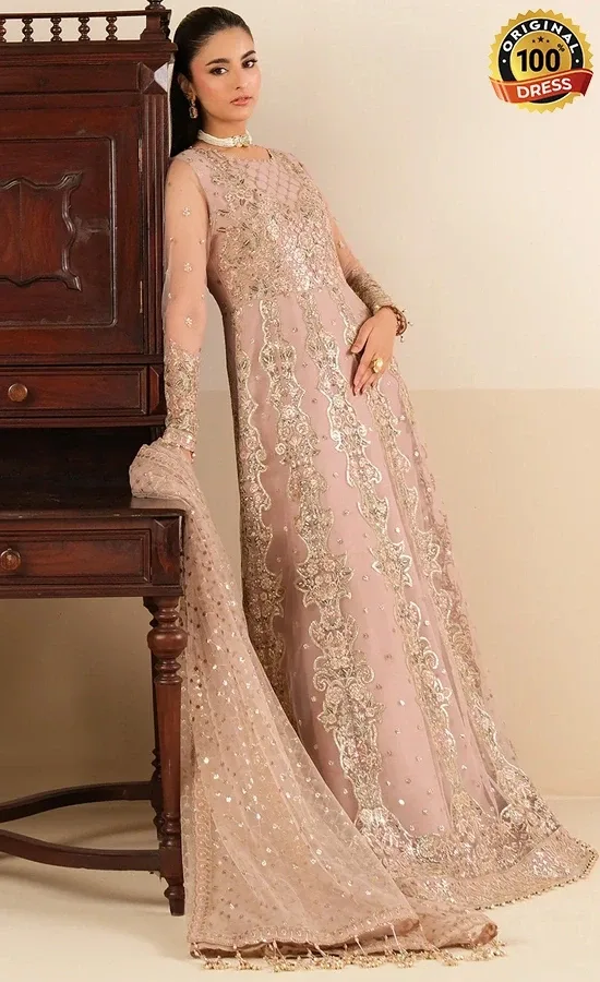 Light pink embroidered maxi dress with silk detailing and elegant wedding wear design