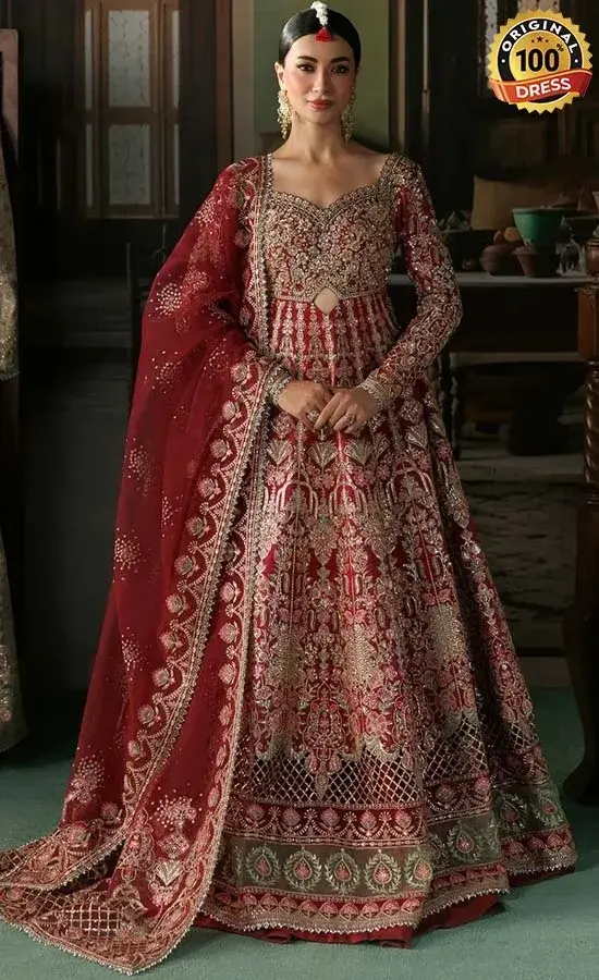 Maroon Anarkali Suit For Wedding Guests Maroon Anarkali suit for wedding guests with elegant hand embroidery and raw silk fabric