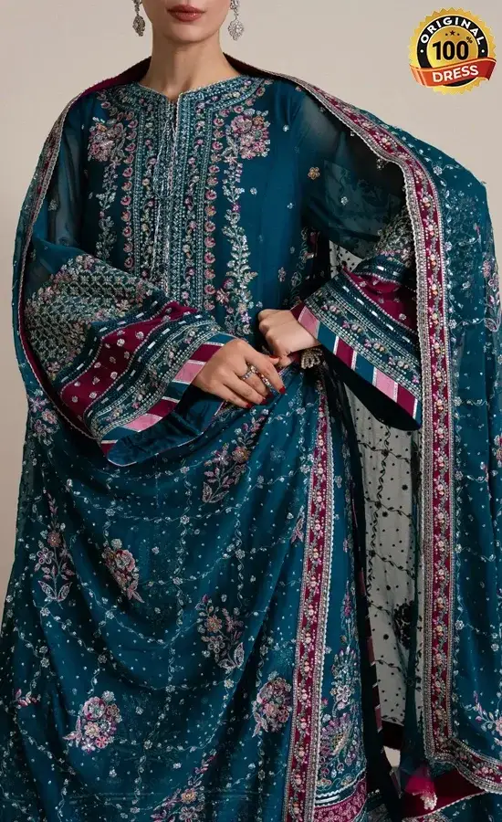 Navy blue chiffon salwar kameez with hand embroidery, shuttle lace and detailed finishing