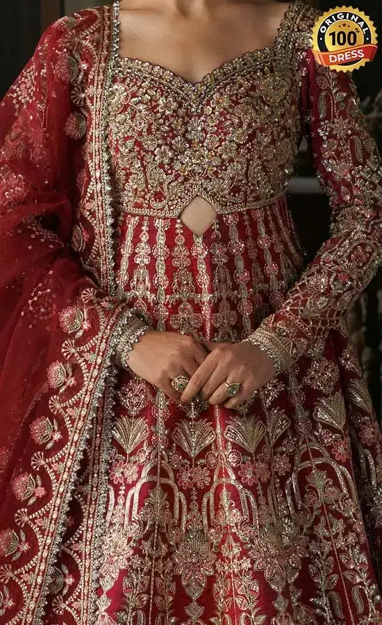 Pakistani maroon Anarkali suit for wedding guests with intricate embroidery and graceful maxi styling