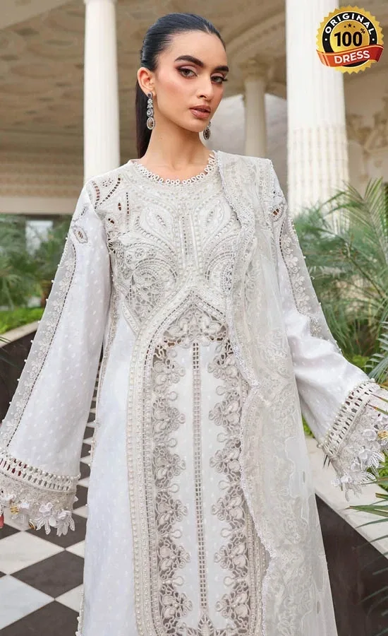 Pakistani white Indian suit for wedding guests with embroidered lawn and organza detailing