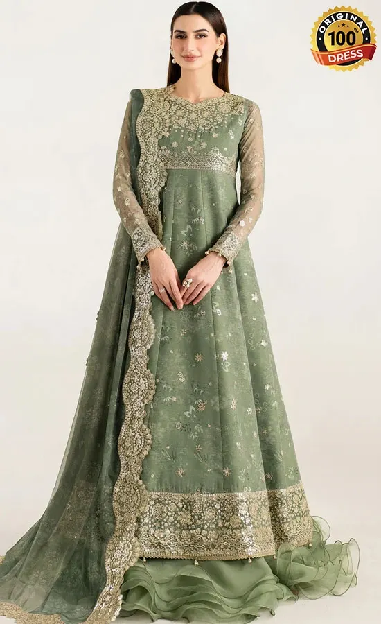 Green Maxi Dress For Wedding Guests Green maxi dress for wedding guests with hand embroidery and elegant chiffon detailing