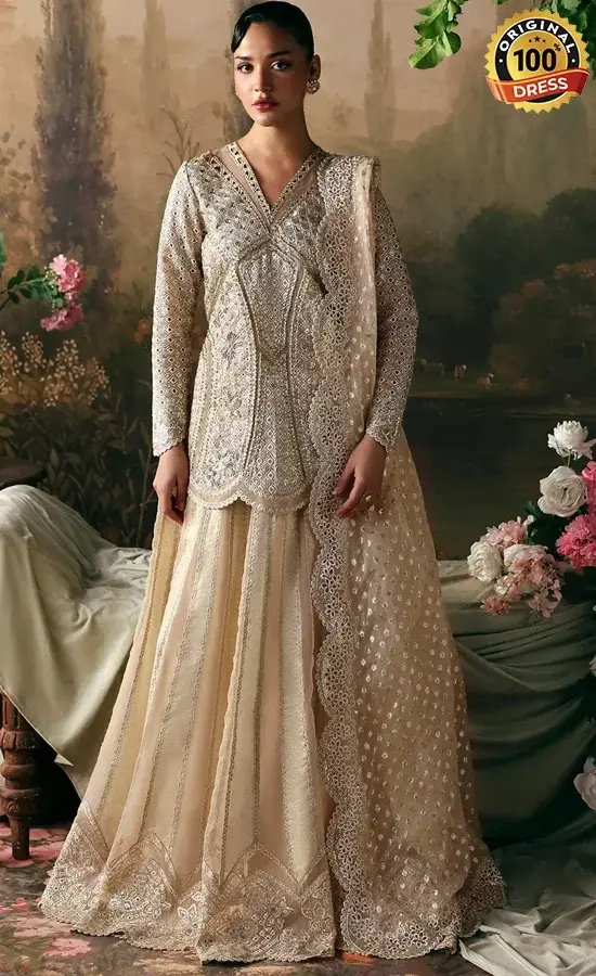 Beige Lehenga For Wedding Guests Beige lehenga for wedding guests with elegant hand embroidery and organza detailing