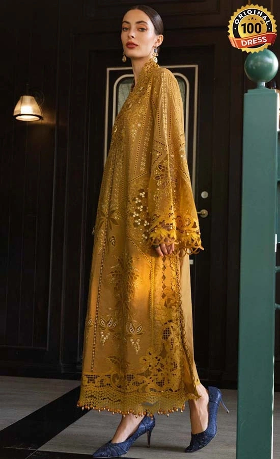 Embroidered Haldi dress for wedding guests with lawn fabric and organza applique work