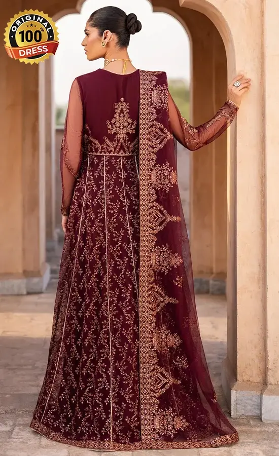 Burgundy saree for wedding guests with hand embroidery and elegant net detailing
