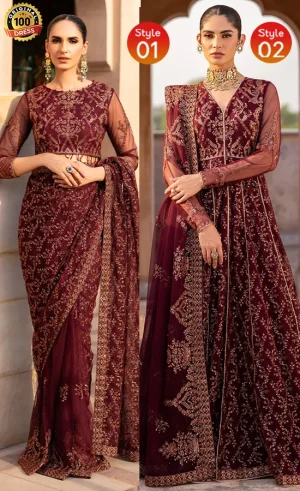 Burgundy net saree with hand embroidery, tassels and shuttle lace detailing