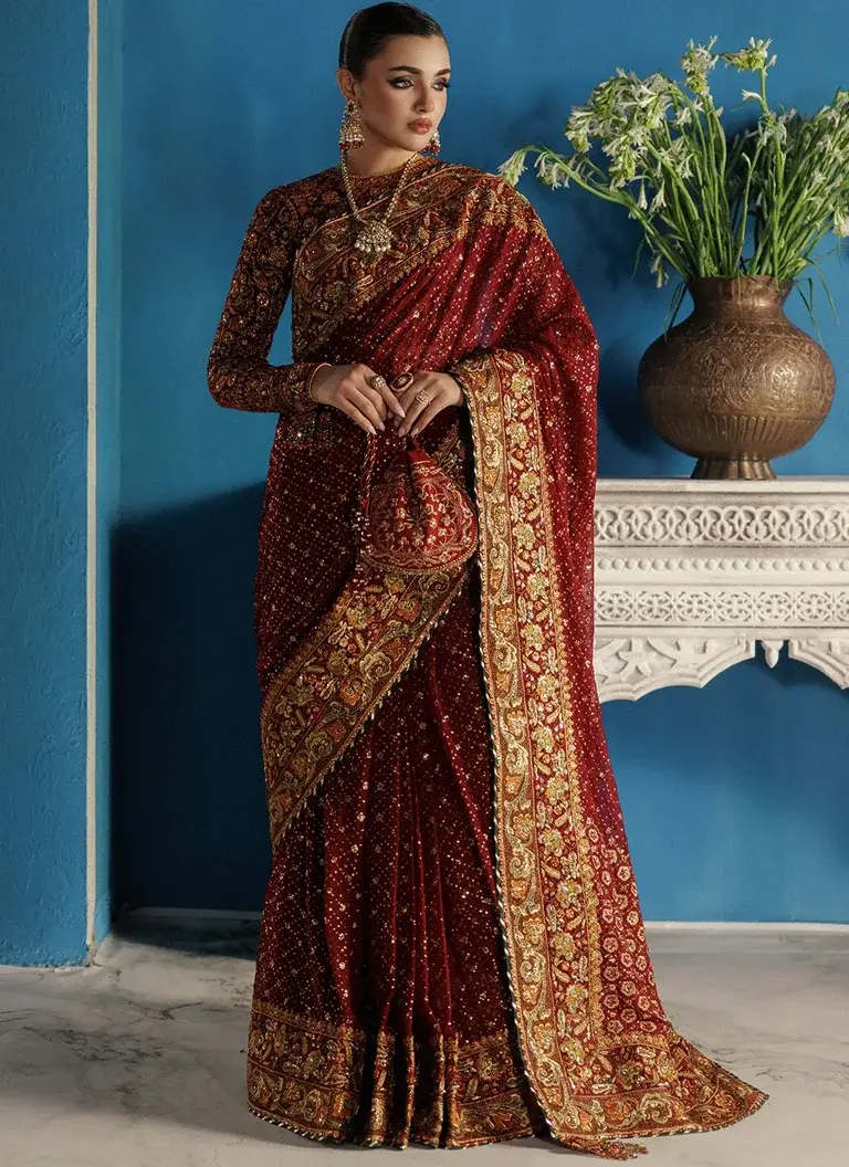 Burgundy Saree for Wedding Guests – Embroidered Saree Burgundy saree for wedding guests featuring embroidered chiffon saree, velvet blouse and traditional hand embroidery