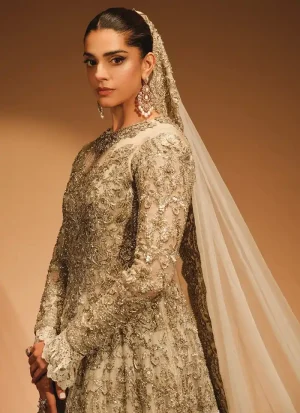 HSY-inspired ivory bridal gown with organza bodice, American Katan silk 14-kali skirt, antique-gold embroidery and net dupatta.