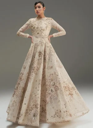 Ivory bridal maxi for Walima with high-neck chiffon bodice, American Katan silk 12-kali skirt, tonal embroidery and organza dupatta.