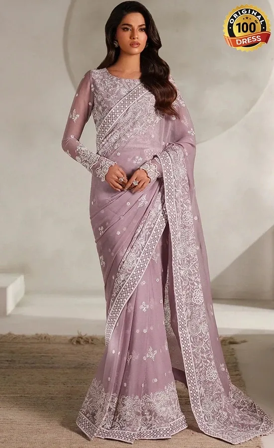 Chiffon Saree For Wedding Guests Pakistani chiffon saree for wedding guests with detailed embroidery