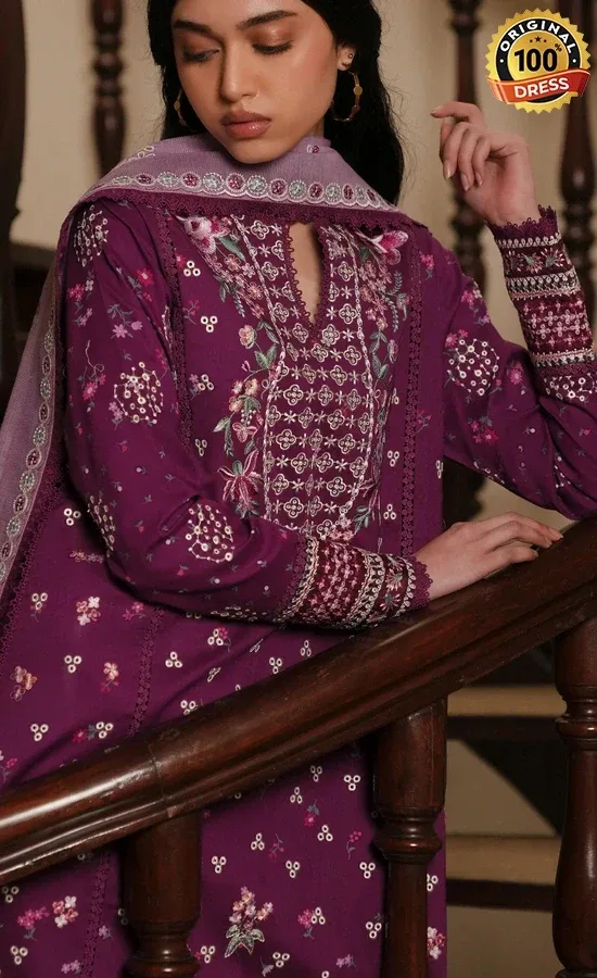 Afrozeh PK Embroidered Printed Lawn Lilace Dress (4)
