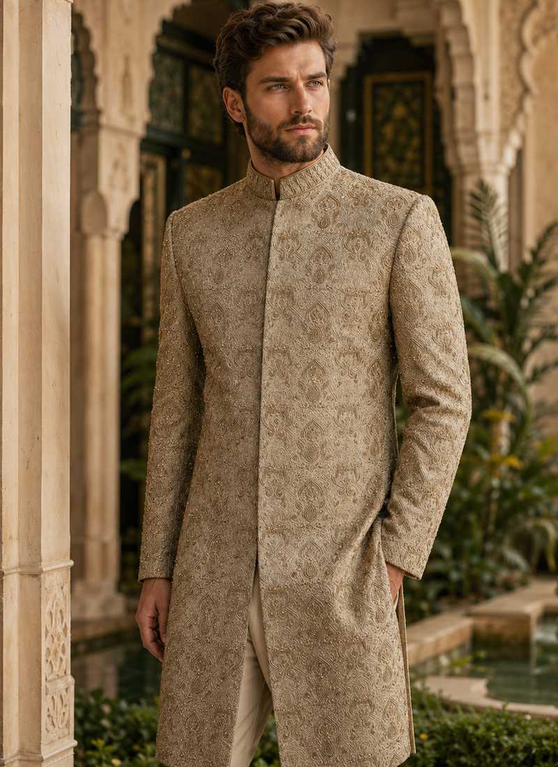 Full-length beige embroidered sherwani for a groom at a South Asian wedding