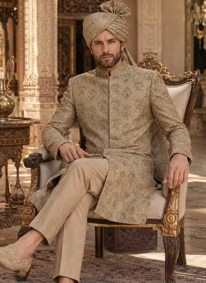 beige-sherwani-groom-kurta-pajama-khussa-seated.jpg Beige sherwani for men with matching trousers, turban and traditional khussa