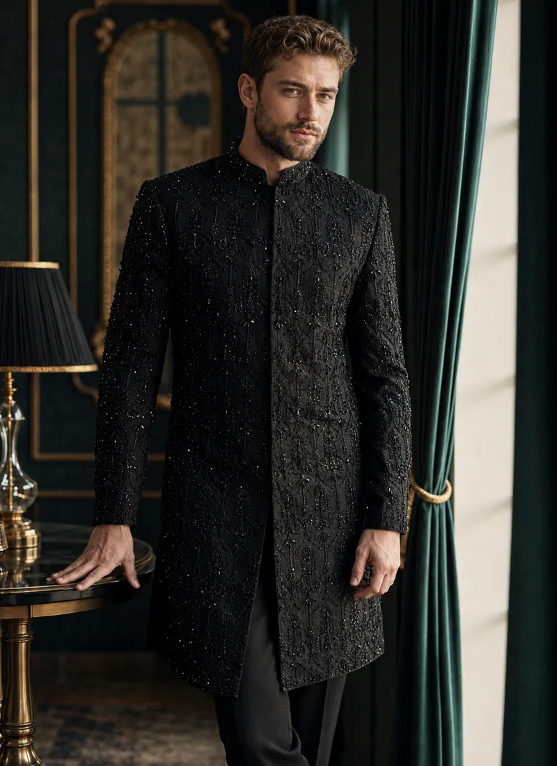 Black sherwani for men shown in a full-length front view