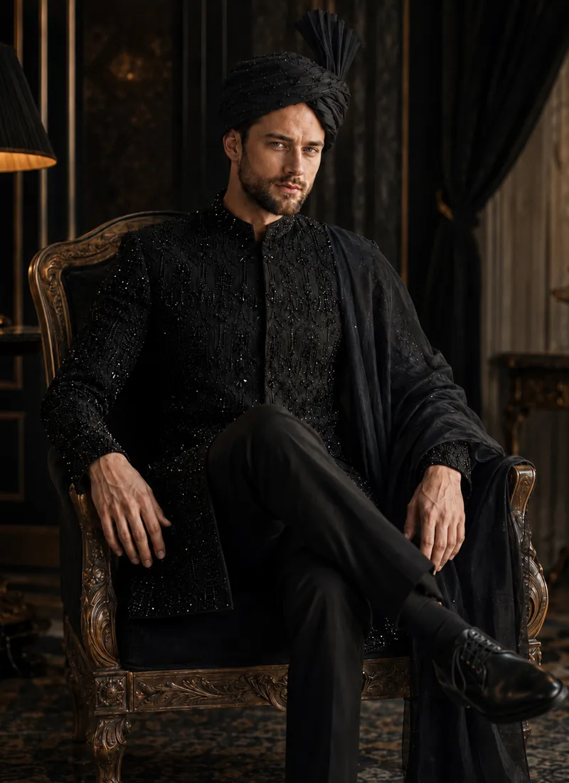 Seated groom in a black embroidered sherwani with matching turban and shawl