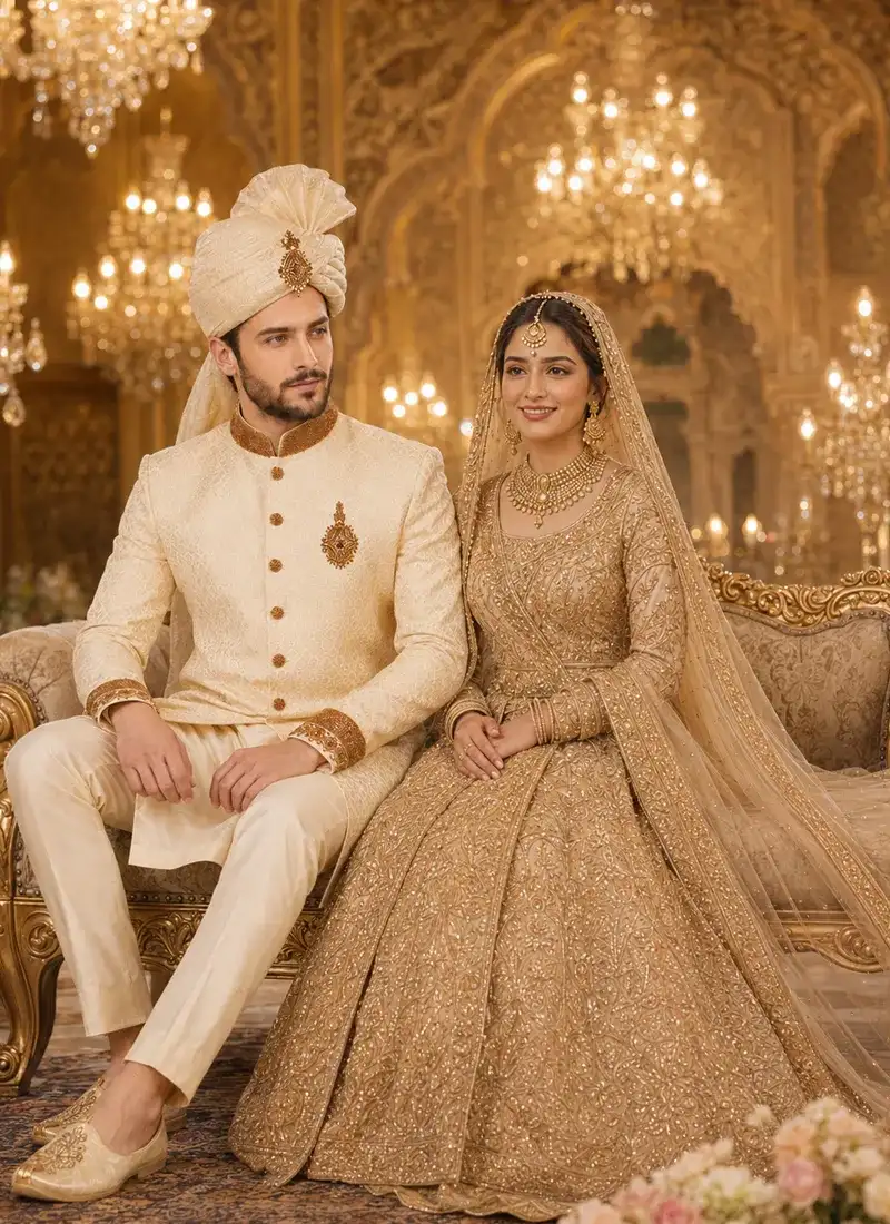 Groom in a cream and gold wedding sherwani standing beside the bride