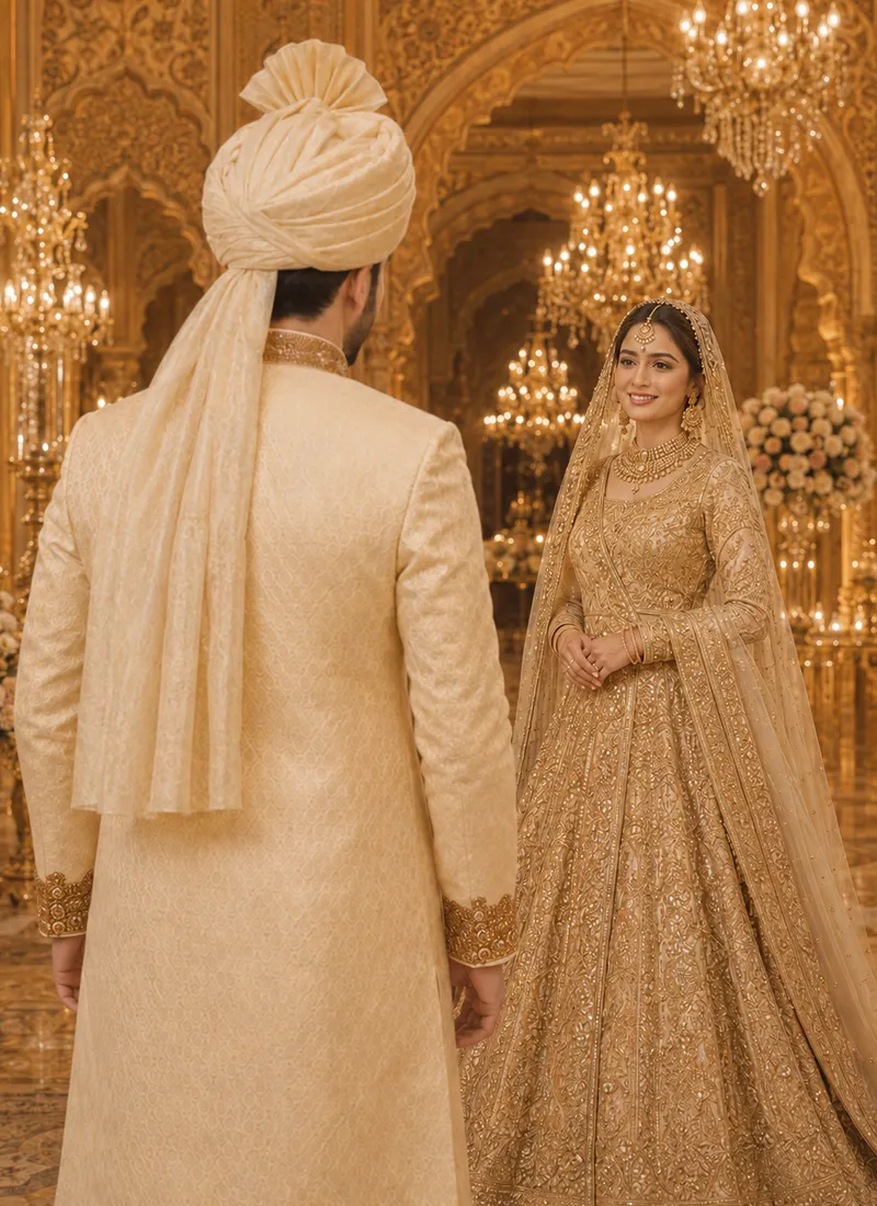 Back view of a cream Pakistani groom sherwani showing its full formal length