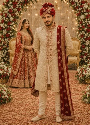 Pakistani groom wearing a golden sherwani with a deep red turban at a wedding