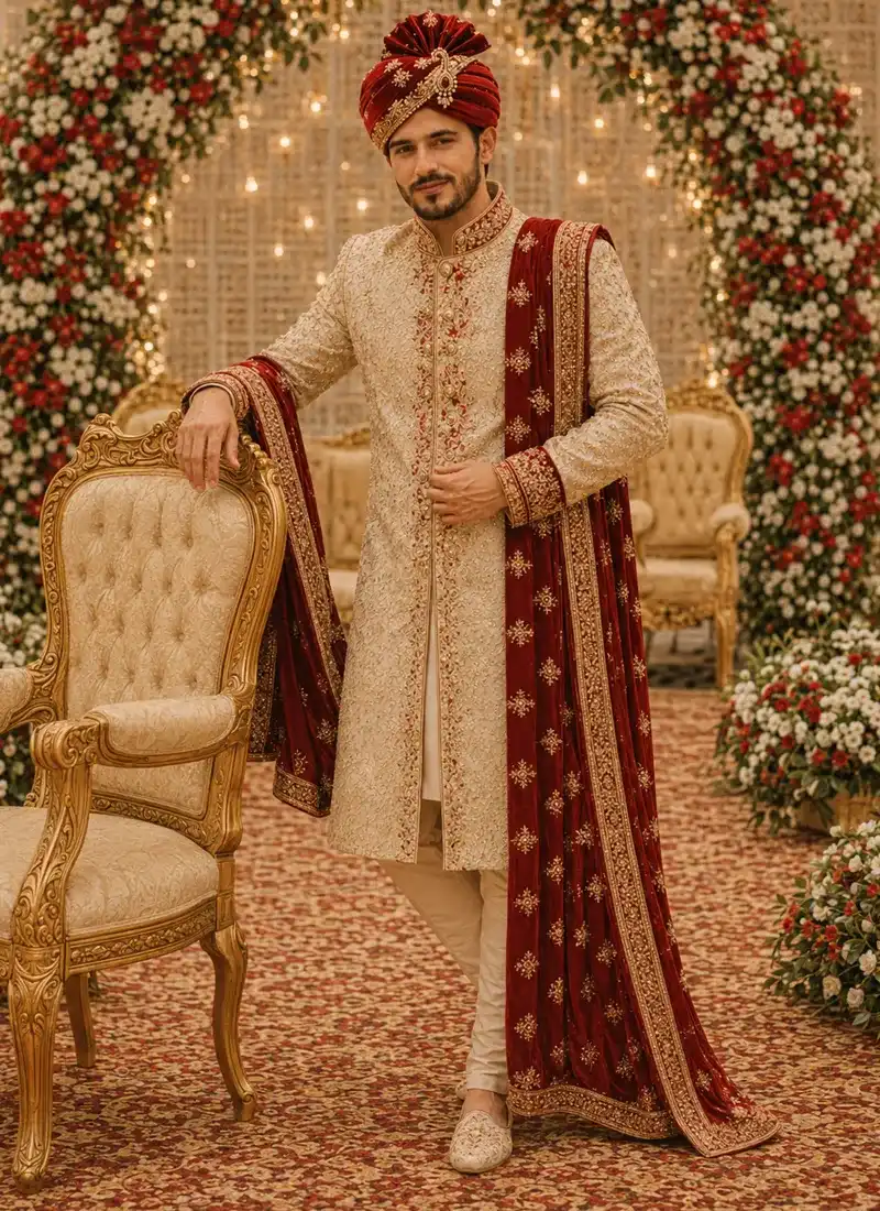 Full-length golden sherwani for groom with red turban, shawl and embellished buttons