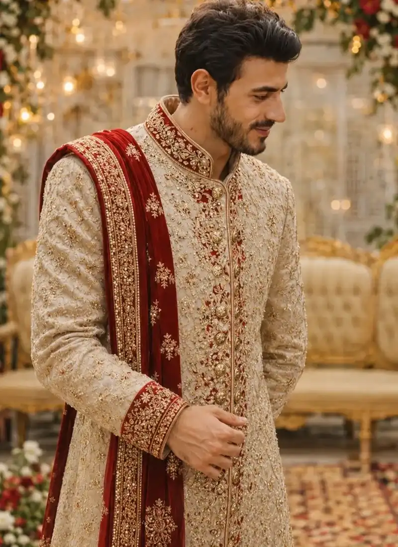 Close-up of golden sherwani embroidery with deep red detailing