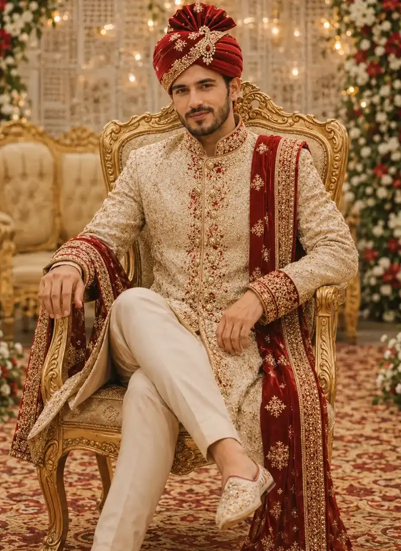 Seated groom in a golden wedding sherwani with a deep red velvet shawl