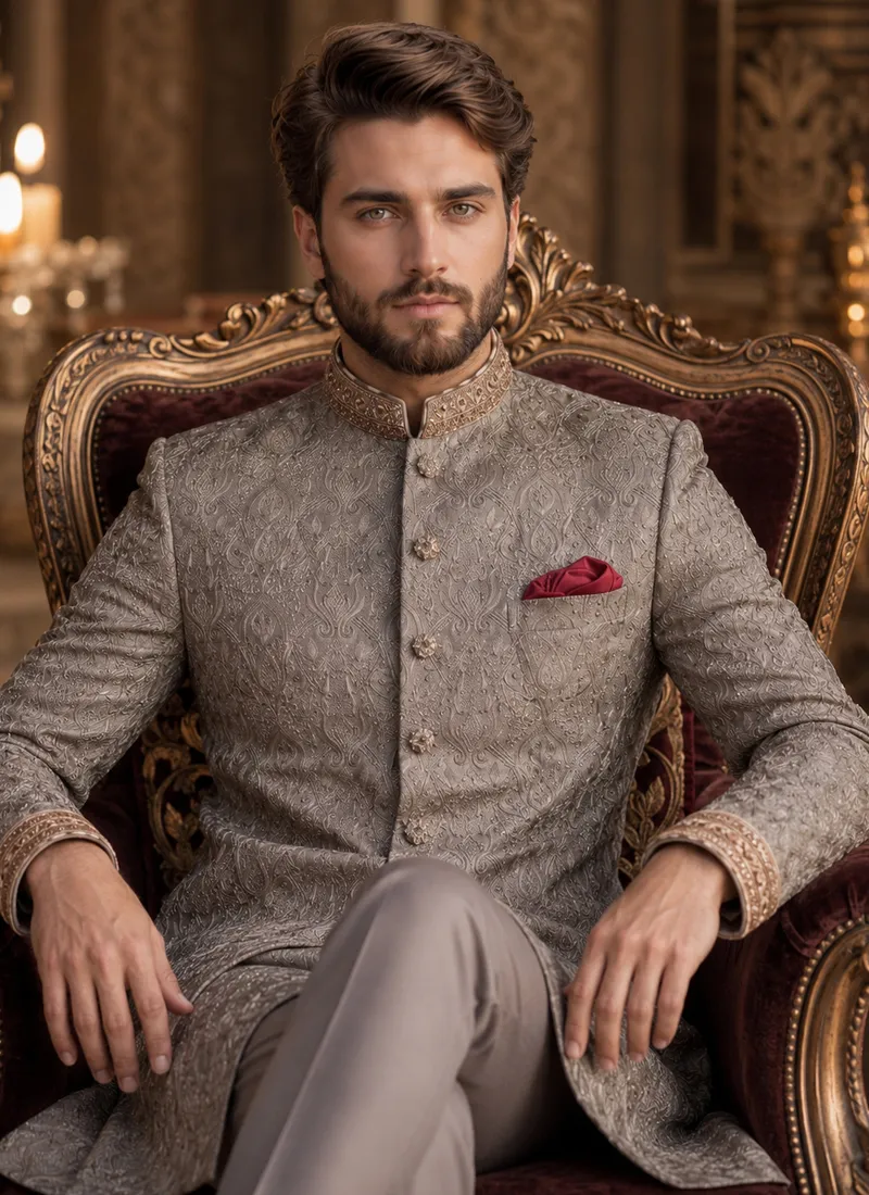 Groom seated in a grey embroidered sherwani in a traditional wedding setting