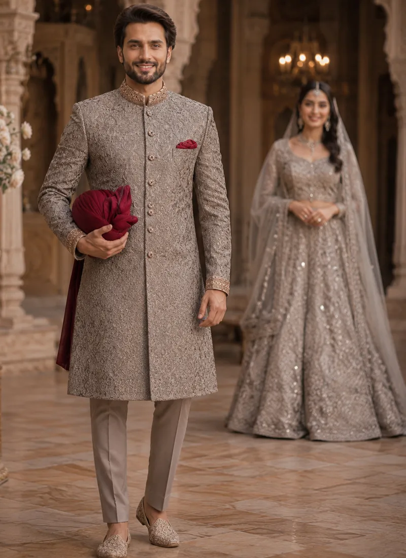 gray-sherwani-for-groom-hand-embroidery-full-length.webp Grey sherwani for men with tonal embroidery, matching trousers and burgundy pocket square