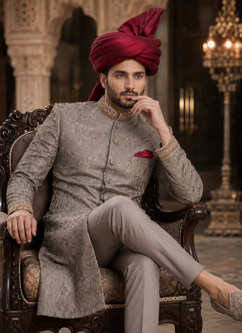Grey groom sherwani styled with a burgundy turban and matching trousers